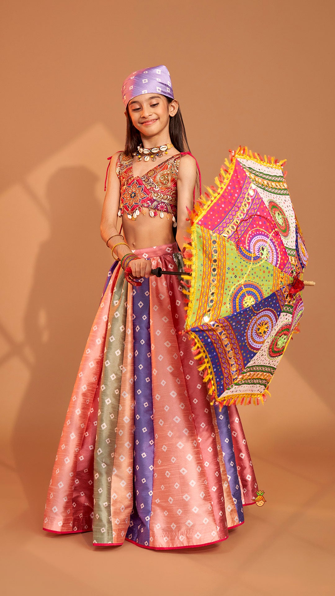 Pre Order: Beautiful Thread Embroidered Top With Bandhani Printed Panel Lehenga And Bandana