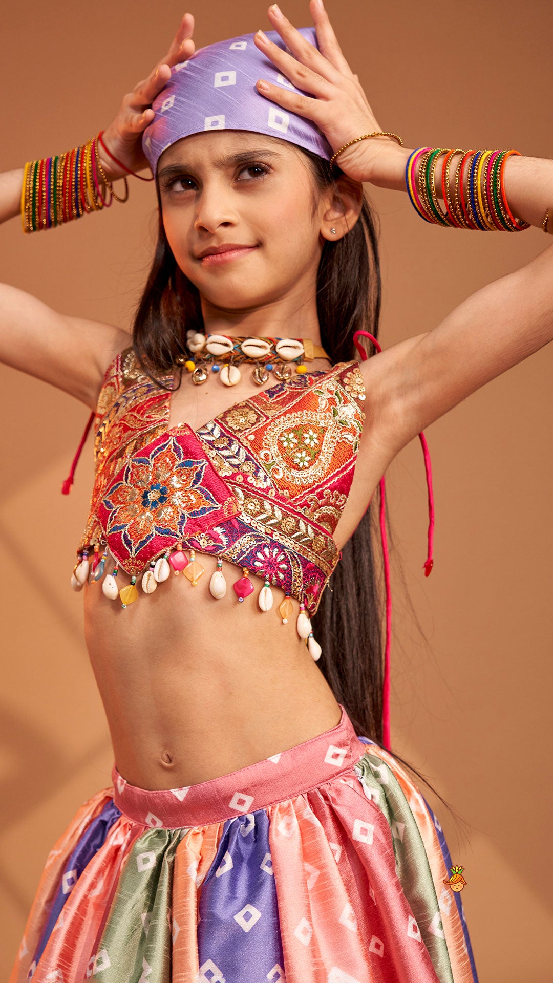 Pre Order: Beautiful Thread Embroidered Top With Bandhani Printed Panel Lehenga And Bandana