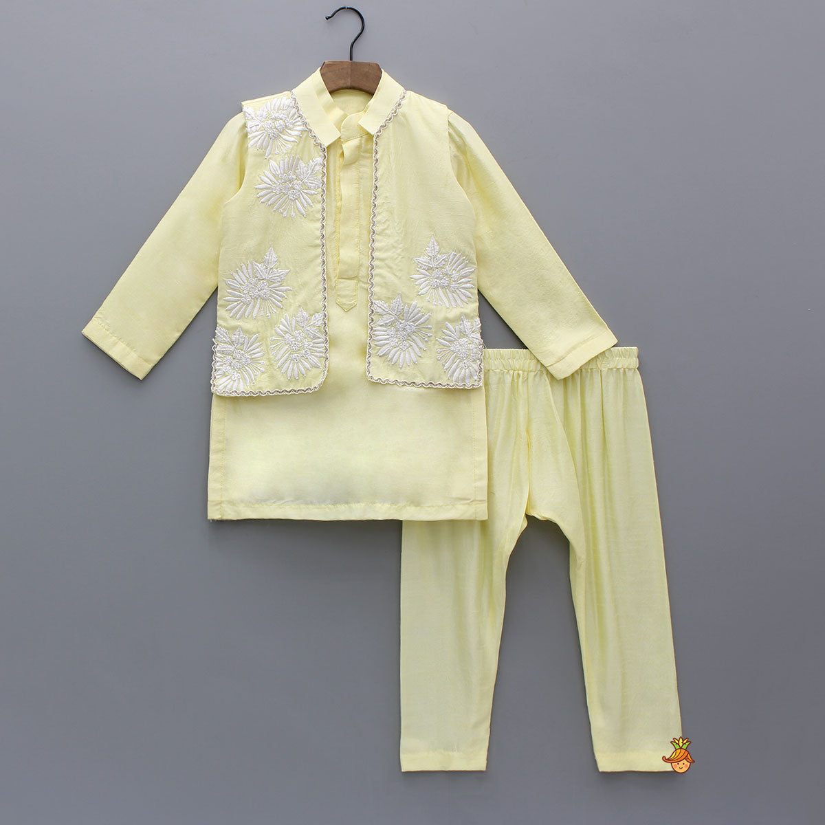 Pre Order: Yellow Kurta With Front Open Embroidered Jacket And Pyjama