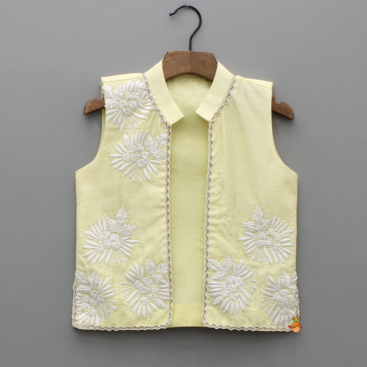 Pre Order: Yellow Kurta With Front Open Embroidered Jacket And Pyjama