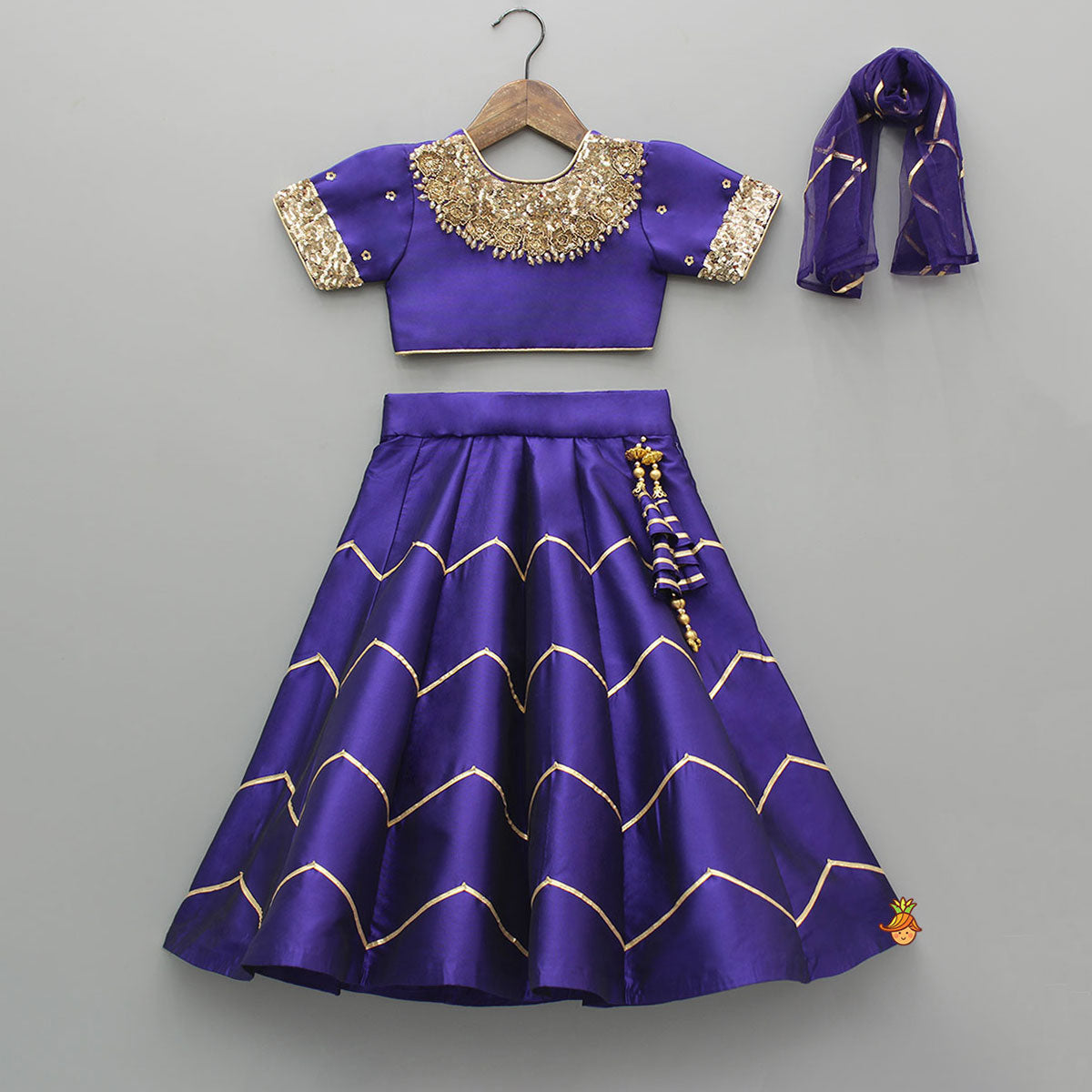 Pre Order: Embroidered Purple V Cut Back Top And Gota Lace Detail Lehenga With Matching Dupatta