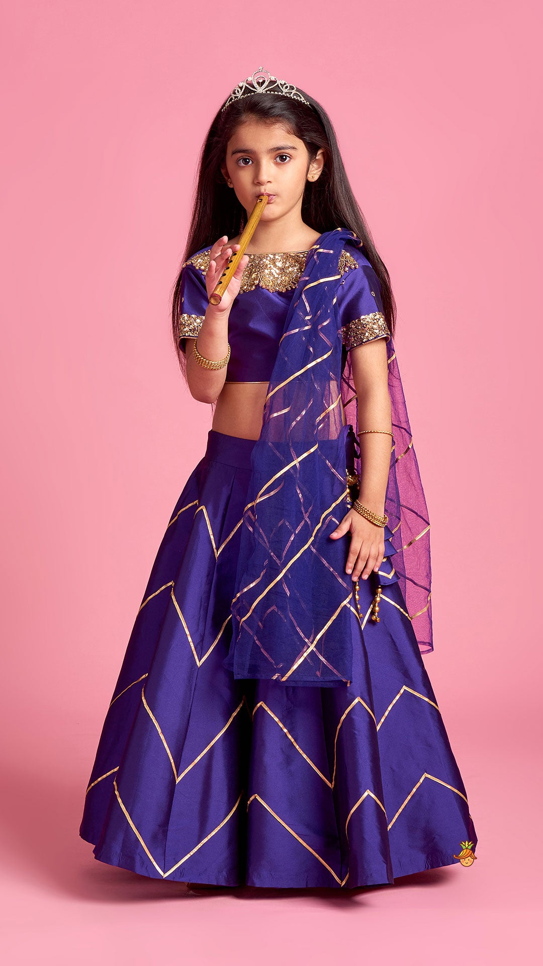 Pre Order: Embroidered Purple V Cut Back Top And Gota Lace Detail Lehenga With Matching Dupatta