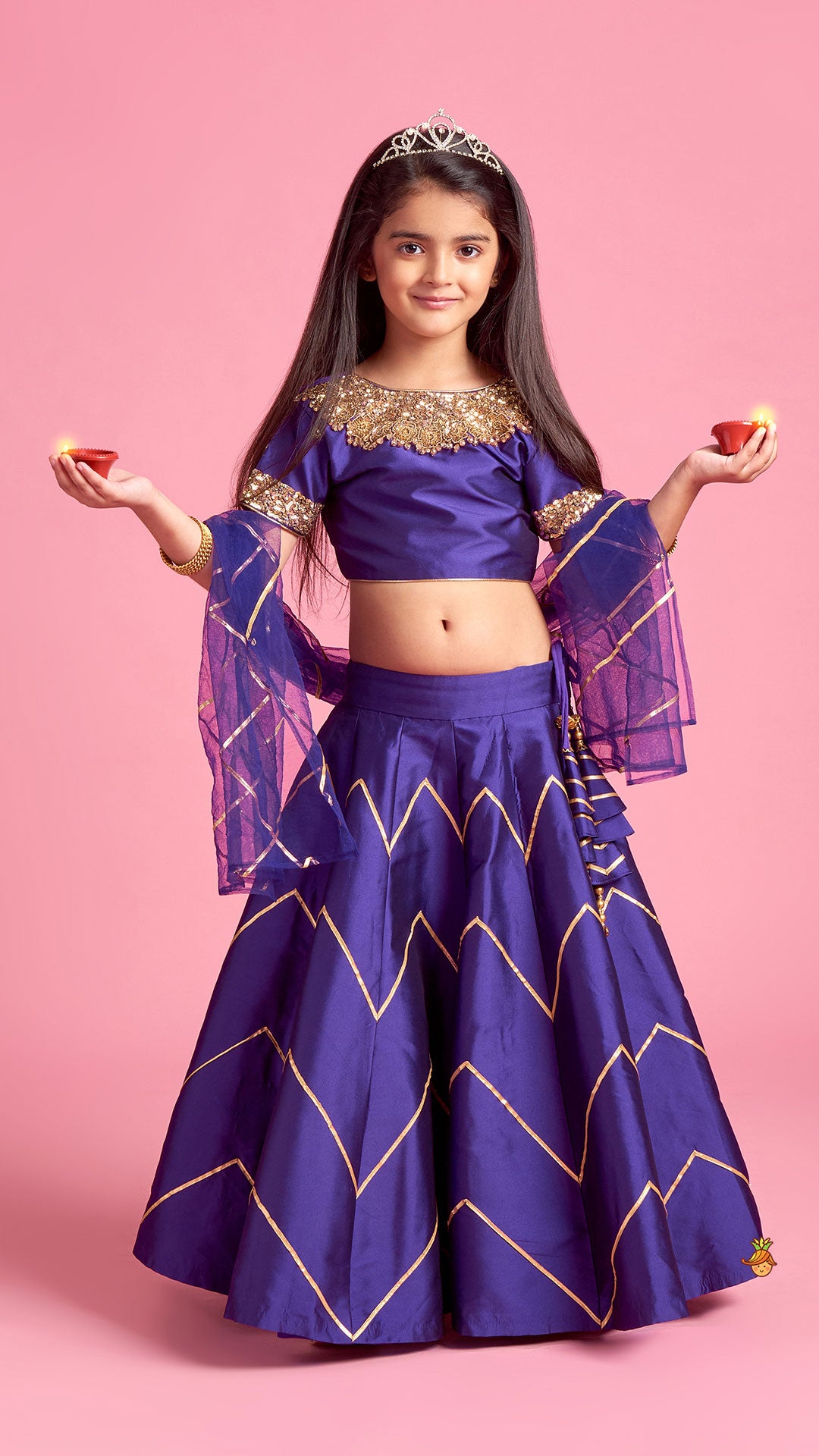 Pre Order: Embroidered Purple V Cut Back Top And Gota Lace Detail Lehenga With Matching Dupatta