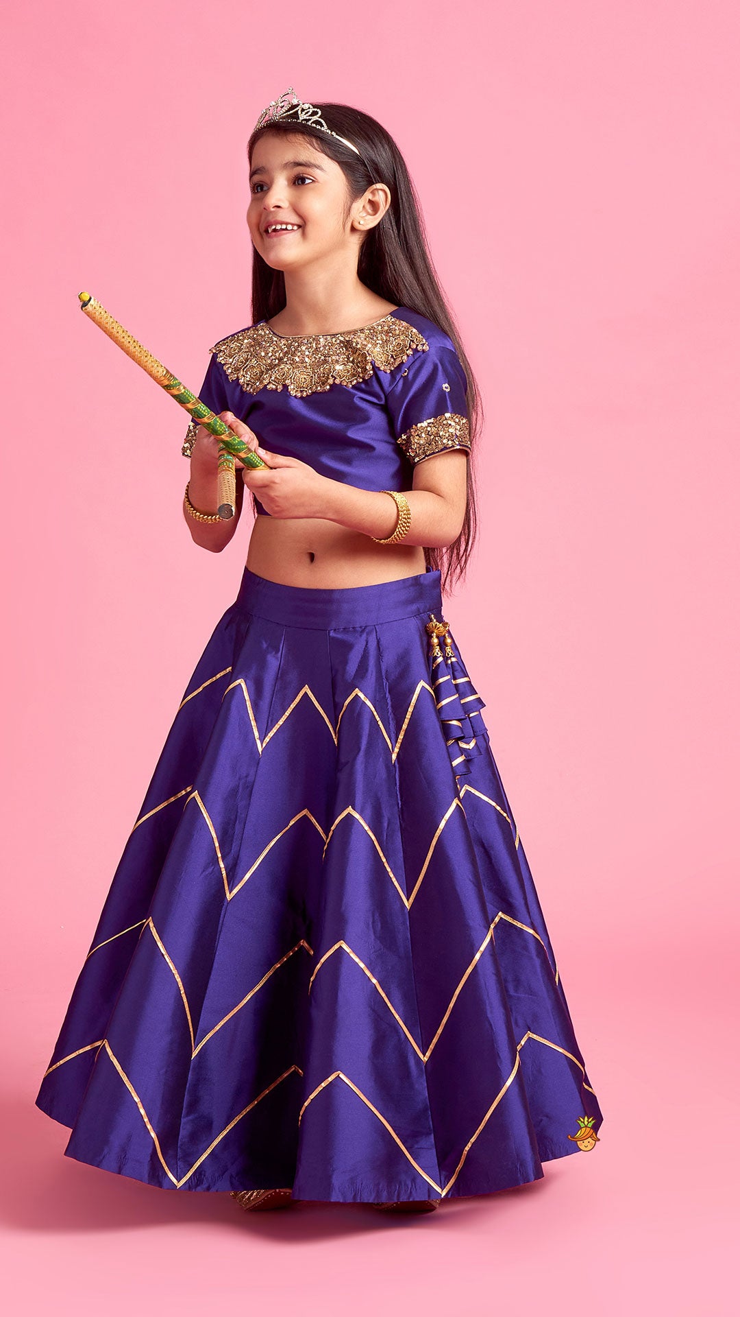 Pre Order: Embroidered Purple V Cut Back Top And Gota Lace Detail Lehenga With Matching Dupatta
