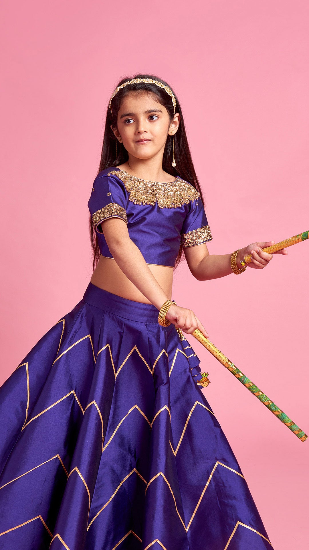 Pre Order: Embroidered Purple V Cut Back Top And Gota Lace Detail Lehenga With Matching Dupatta