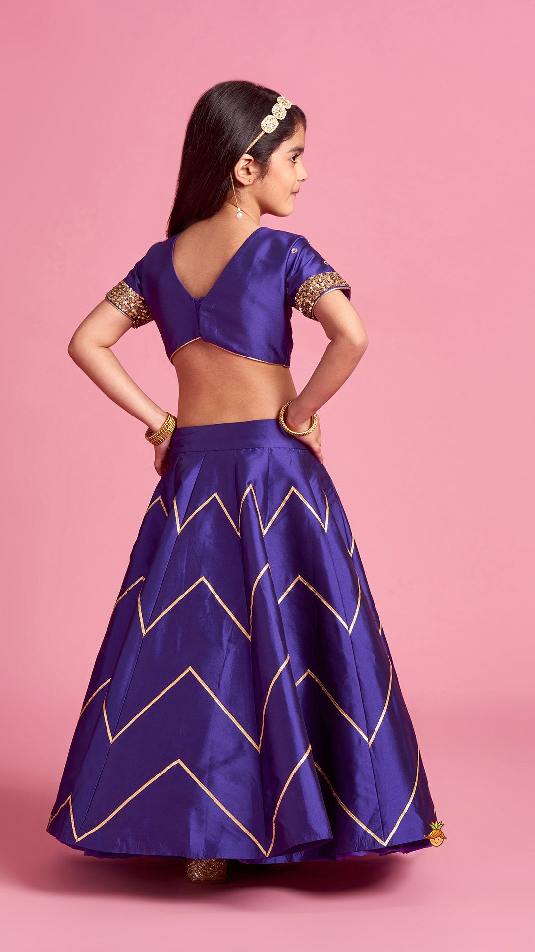 Pre Order: Embroidered Purple V Cut Back Top And Gota Lace Detail Lehenga With Matching Dupatta