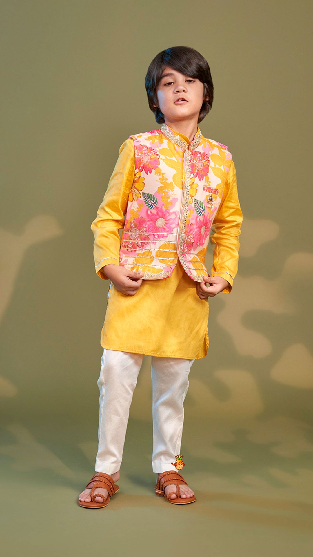 Pre Order: Front Placket Kurta With Floral Printed Multicolour Jacket And Pyjama