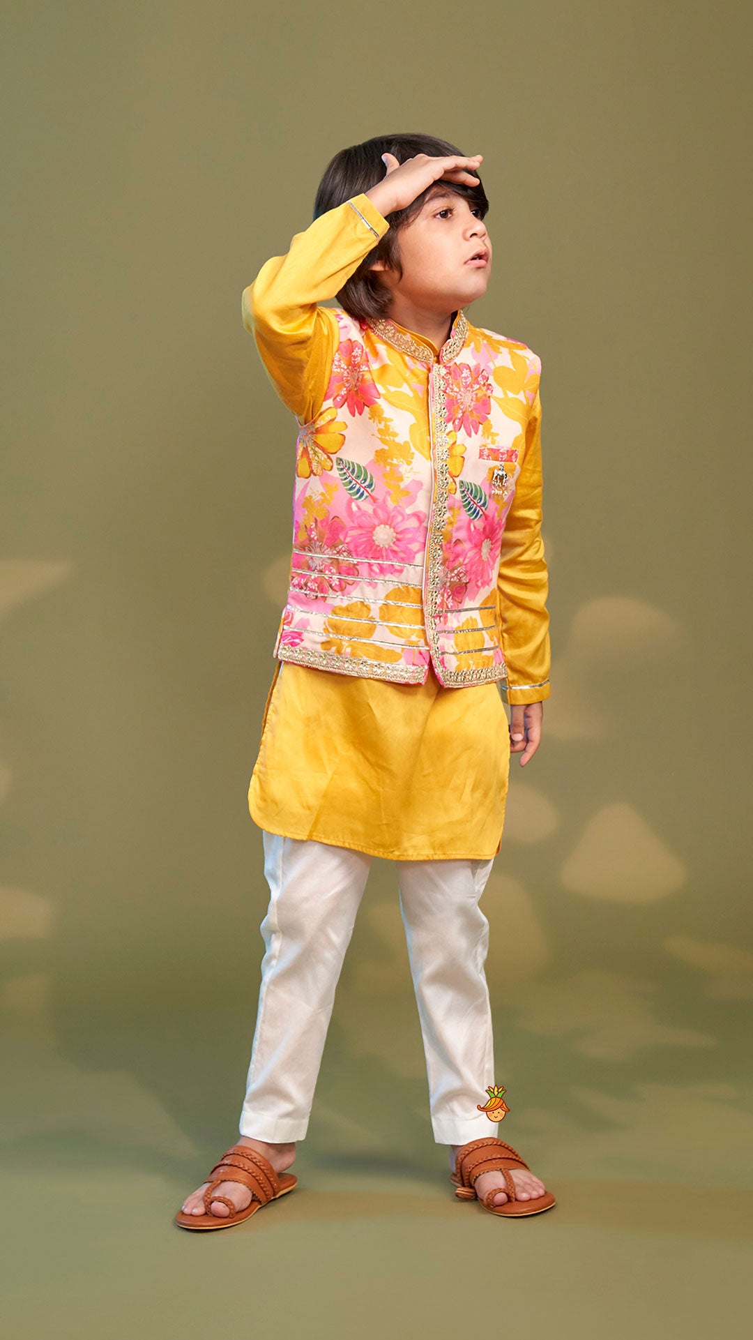 Pre Order: Front Placket Kurta With Floral Printed Multicolour Jacket And Pyjama