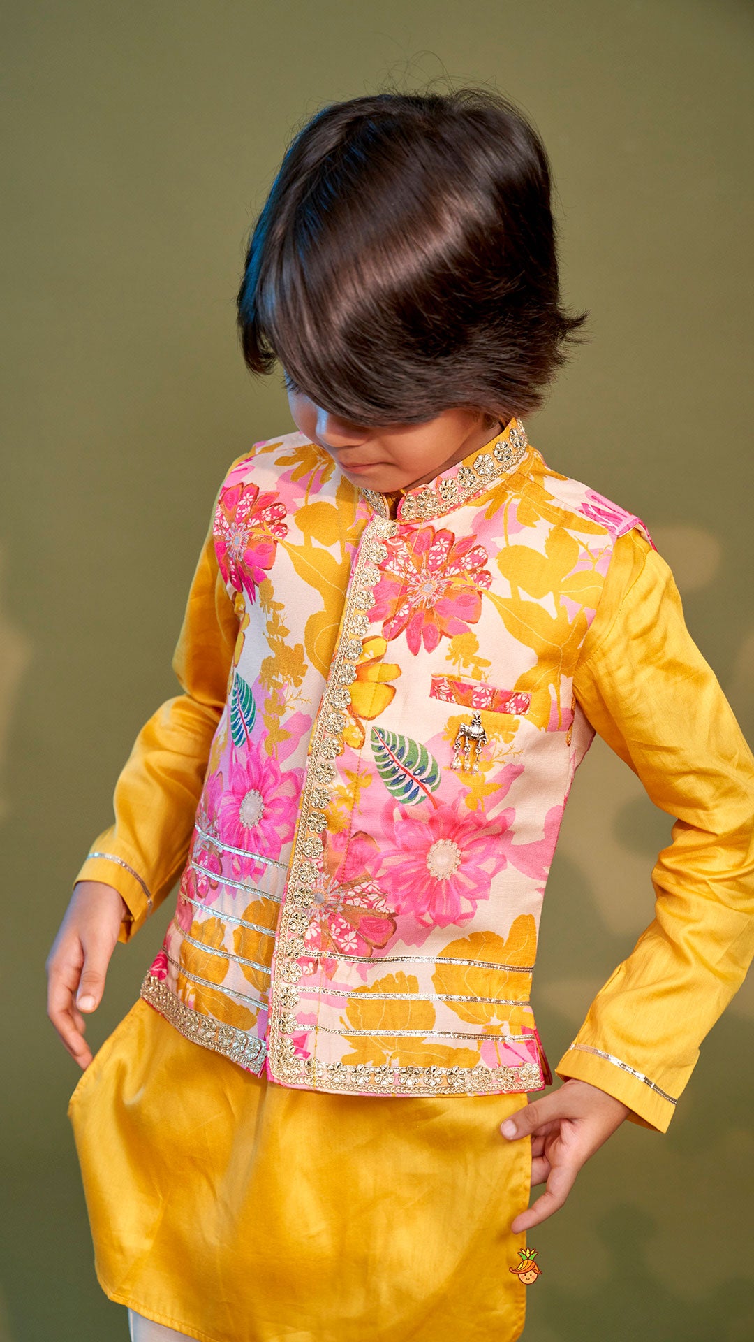 Pre Order: Front Placket Kurta With Floral Printed Multicolour Jacket And Pyjama