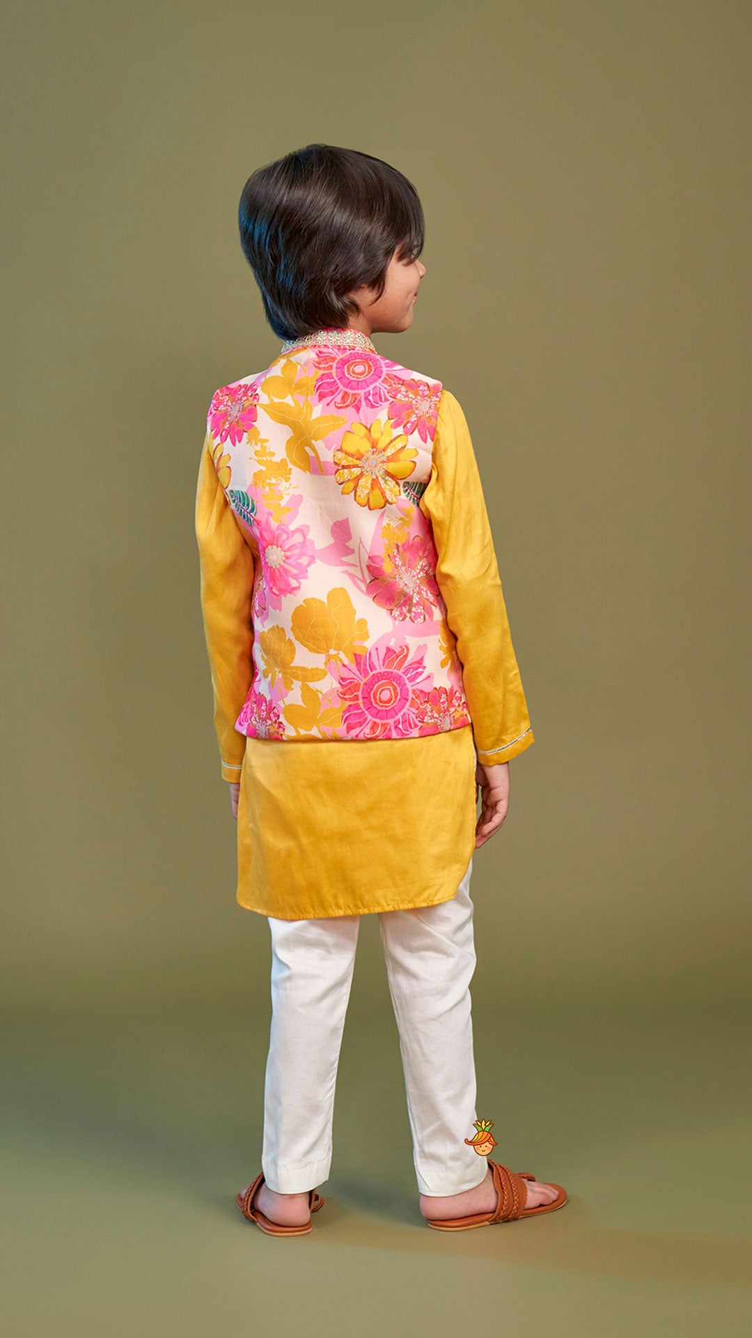 Pre Order: Front Placket Kurta With Floral Printed Multicolour Jacket And Pyjama