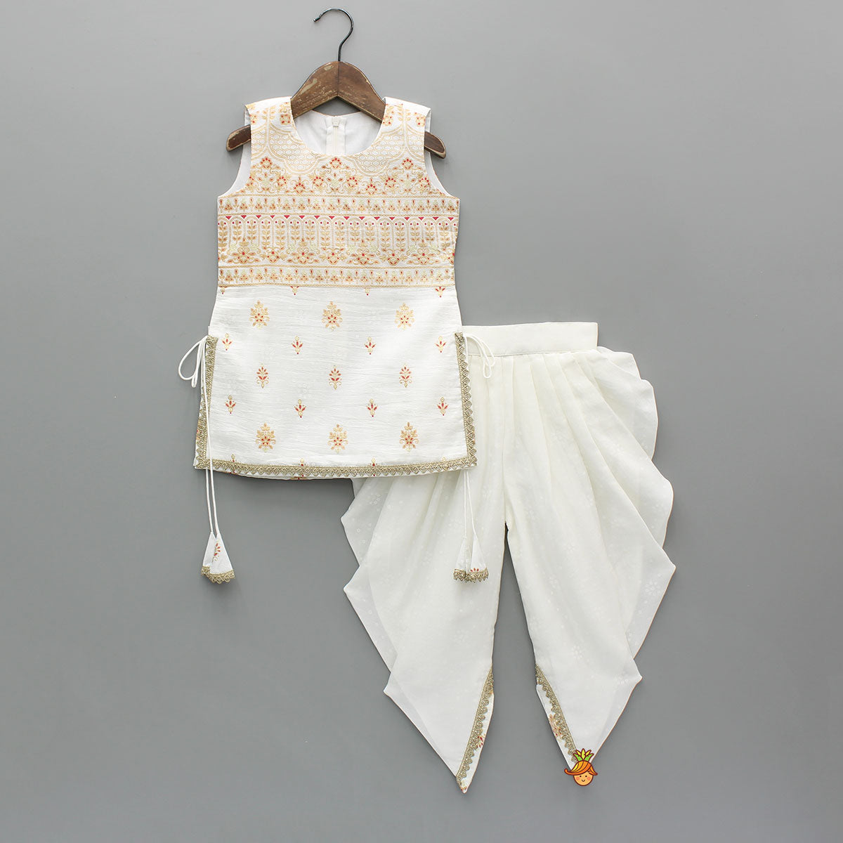 Pre Order: Elegant Ethnic Printed Kurti With Dhoti And Dupatta