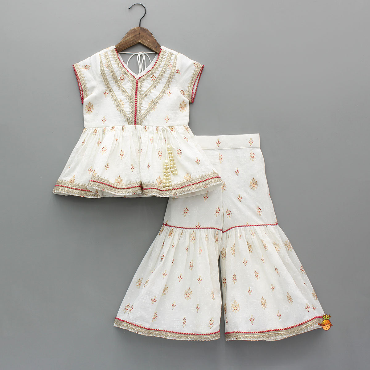 Pre Order: Ethnic Printed Peplum Kurti With Matching Sharara And Dupatta