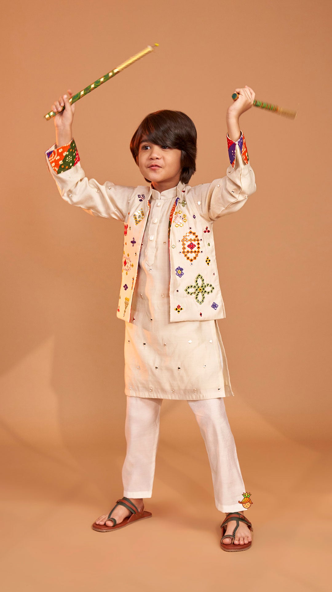 Pre Order: Mirror Embroidered Bandhej Detailed Kurta With Front Open Mirror Work Jacket And Pyjama