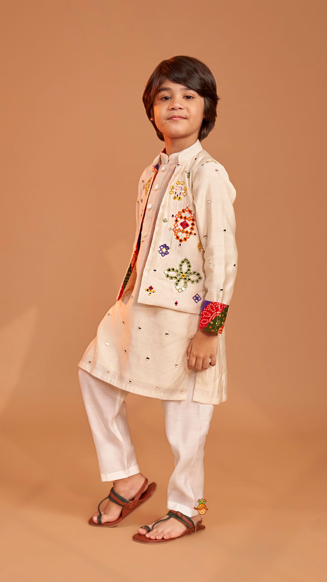 Pre Order: Mirror Embroidered Bandhej Detailed Kurta With Front Open Mirror Work Jacket And Pyjama