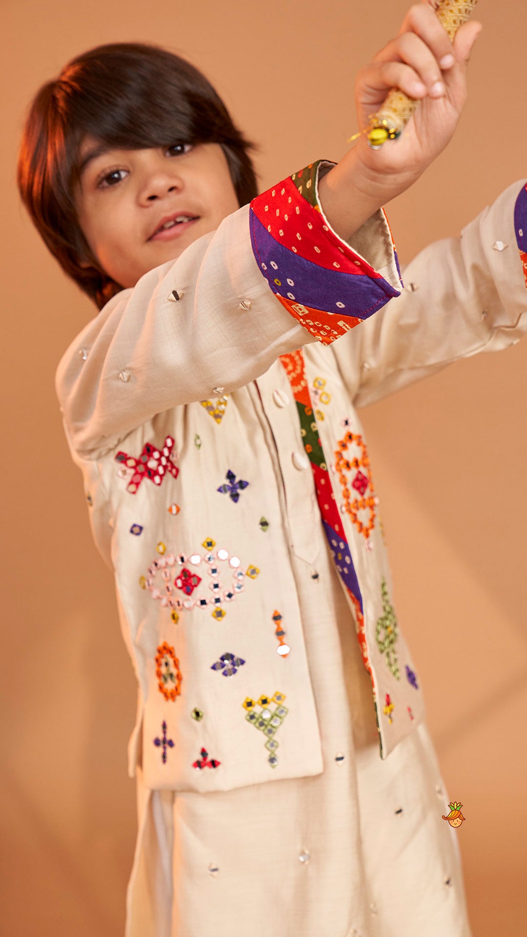 Pre Order: Mirror Embroidered Bandhej Detailed Kurta With Front Open Mirror Work Jacket And Pyjama
