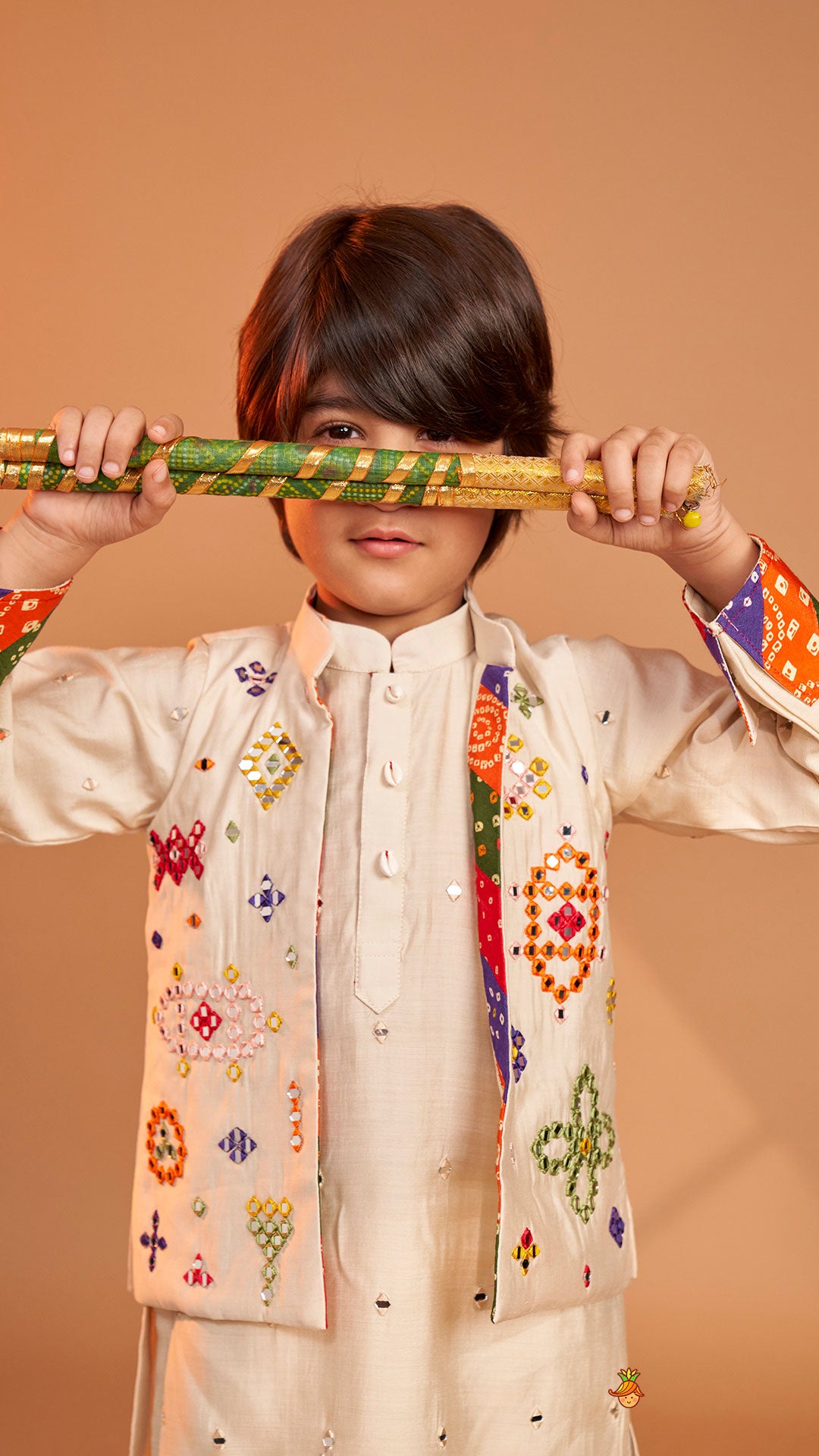 Pre Order: Mirror Embroidered Bandhej Detailed Kurta With Front Open Mirror Work Jacket And Pyjama