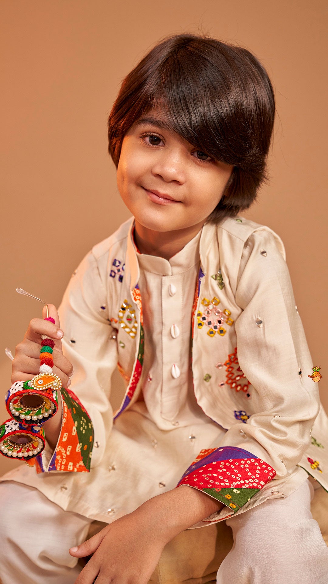 Pre Order: Mirror Embroidered Bandhej Detailed Kurta With Front Open Mirror Work Jacket And Pyjama