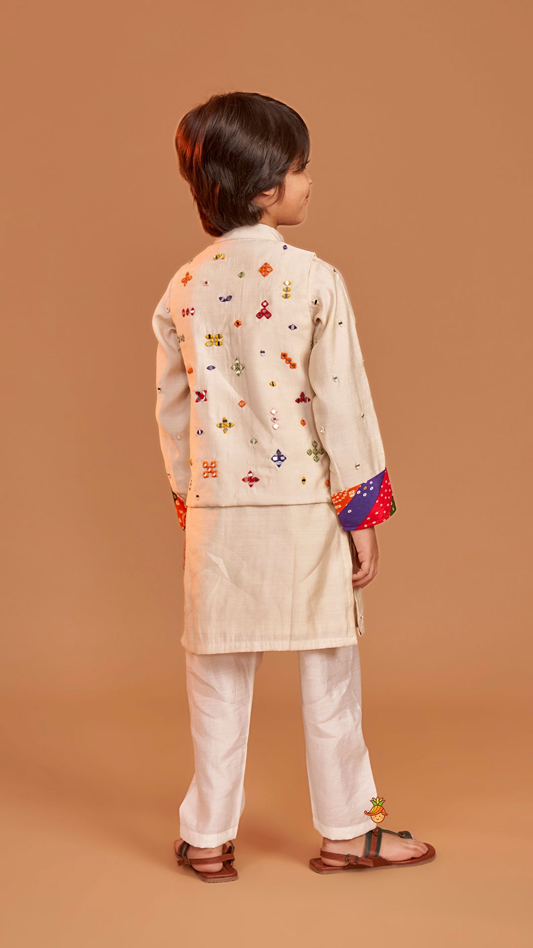 Pre Order: Mirror Embroidered Bandhej Detailed Kurta With Front Open Mirror Work Jacket And Pyjama