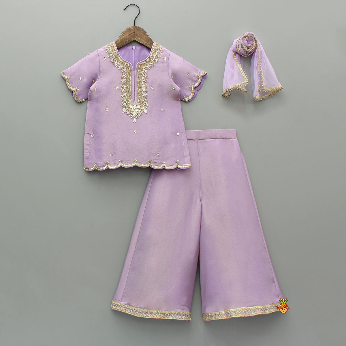 Pre Order: Sheen Lilac Scallop Hem Kurta With Palazzo And Dupatta