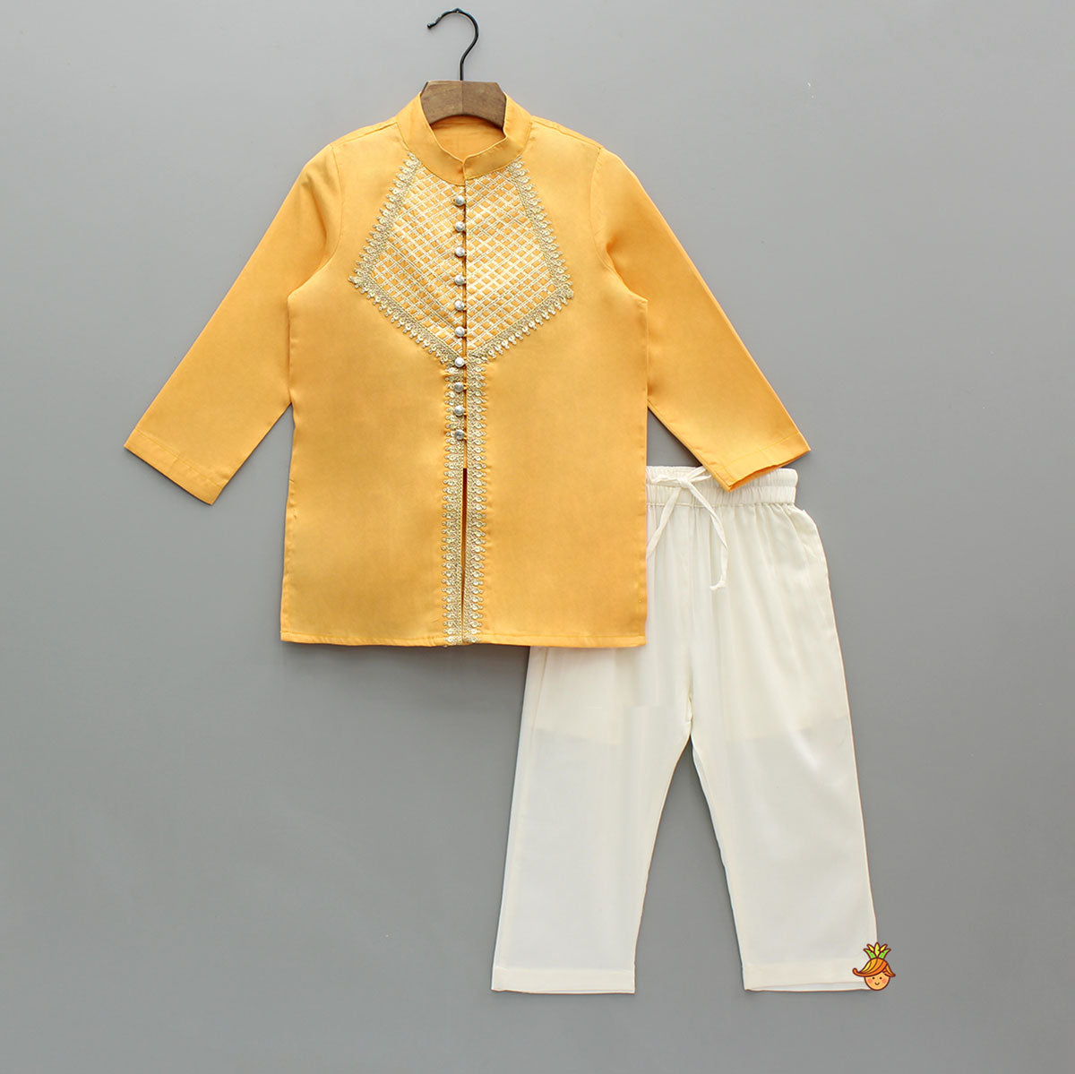 Pre Order: Orange Lace Embroidered Ethnic Kurta With Pyjama