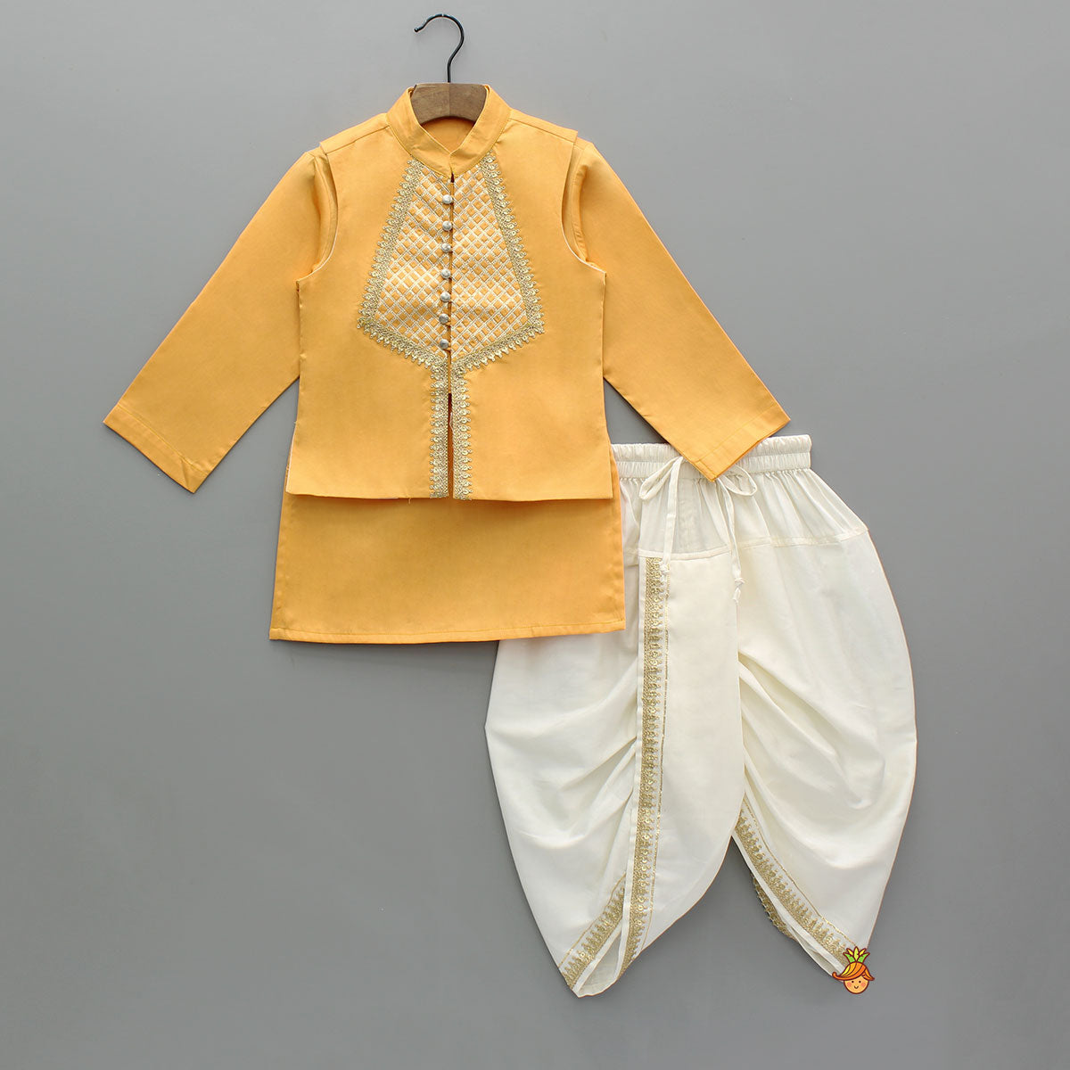 Pre Order: Orange Ethnic Kurta With Lace Embroidered Sleeveless Jacket And Dhoti