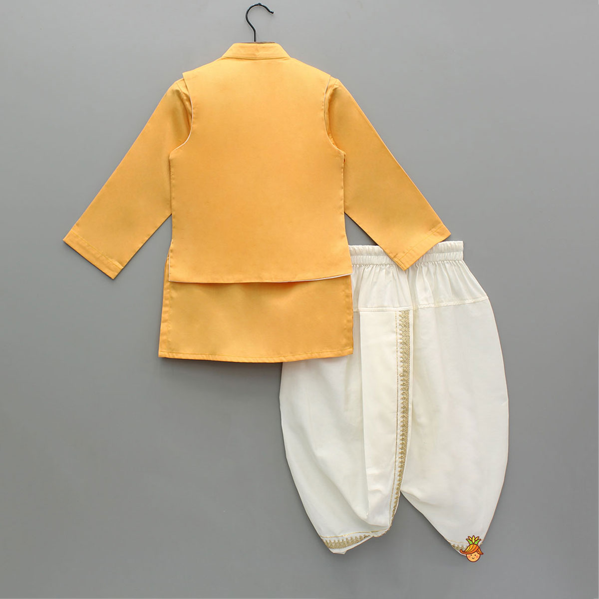 Pre Order: Orange Ethnic Kurta With Lace Embroidered Sleeveless Jacket And Dhoti