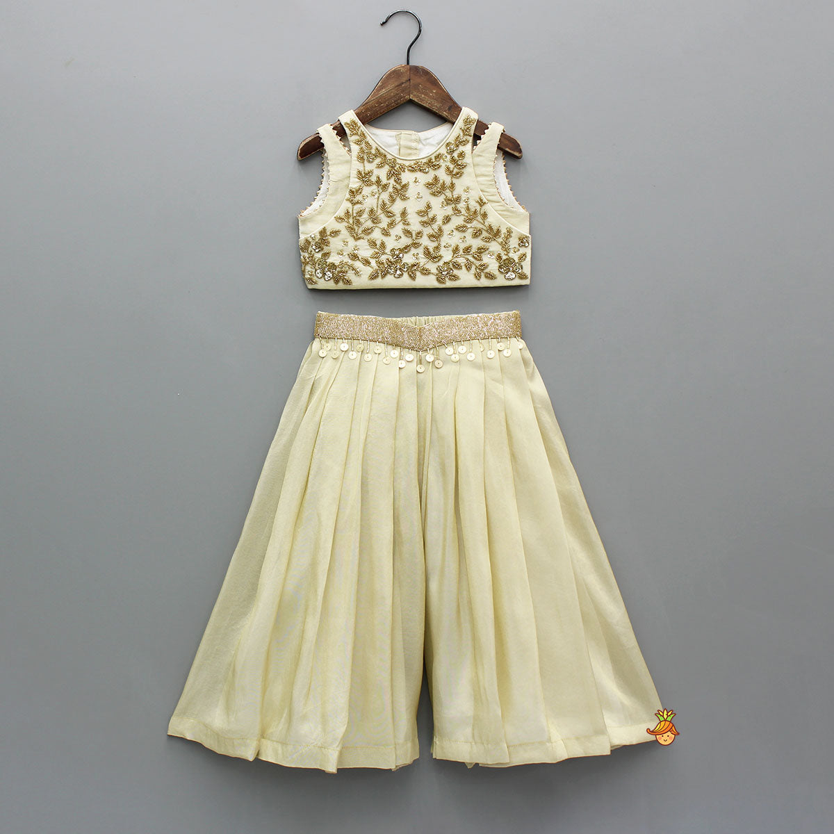 Pre Order: Shimmery Beige Embroidered Top With Palazzo And Dupatta