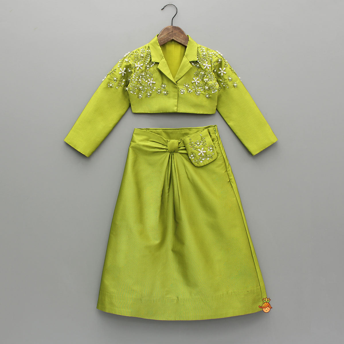 Pre Order: Green Blazer Style Crop Top With Lehenga