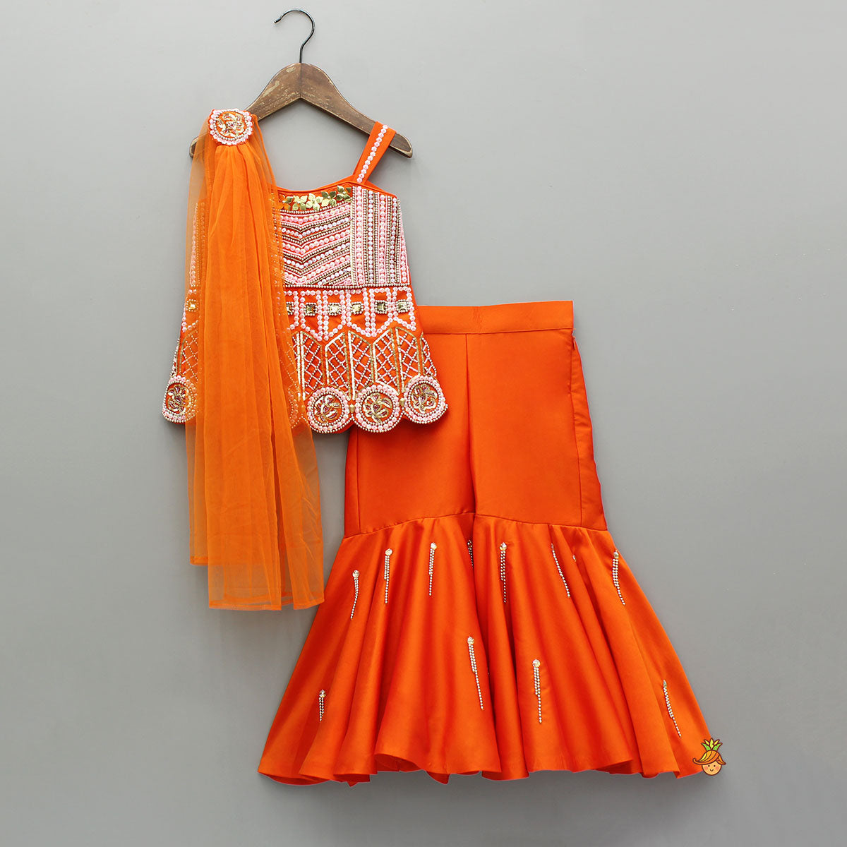 Pre Order: Exquisite Orange Kurti With Flared Sharara And Choker Dupatta
