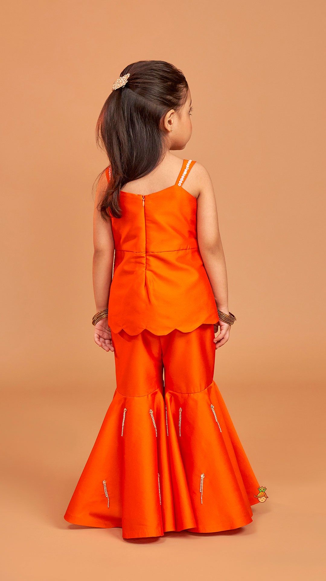 Pre Order: Exquisite Orange Kurti With Flared Sharara And Choker Dupatta