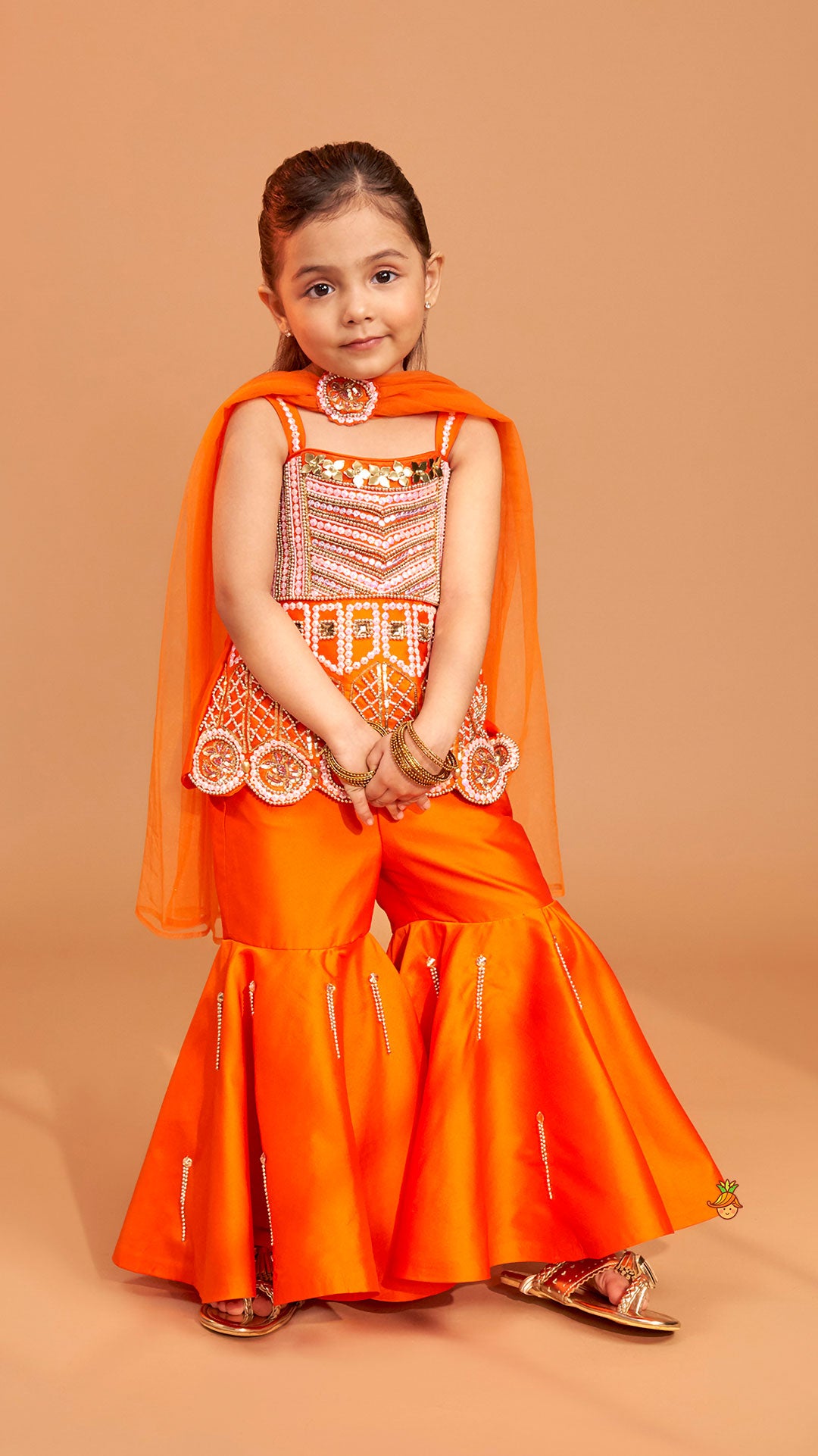 Pre Order: Exquisite Orange Kurti With Flared Sharara And Choker Dupatta