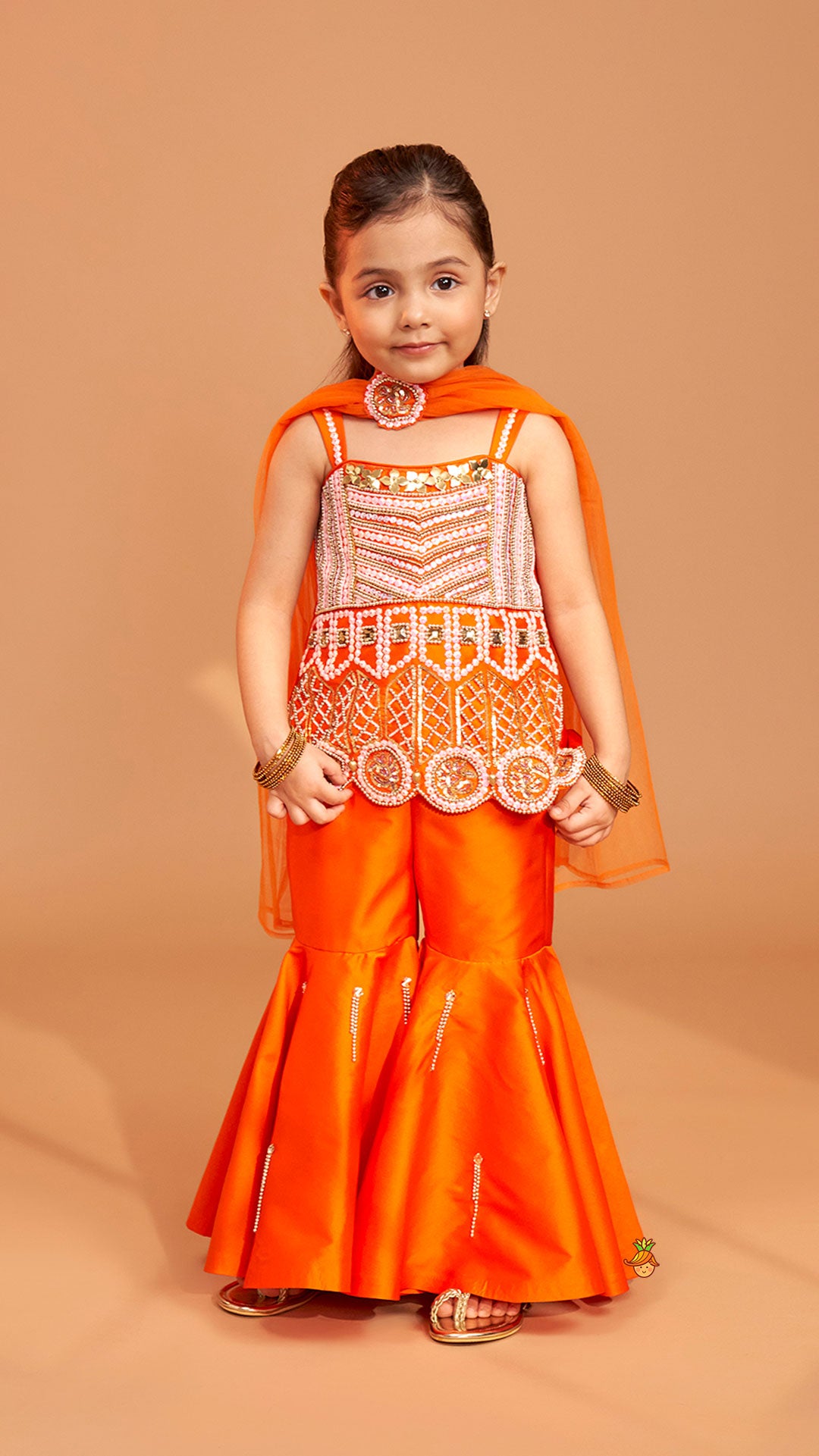 Pre Order: Exquisite Orange Kurti With Flared Sharara And Choker Dupatta