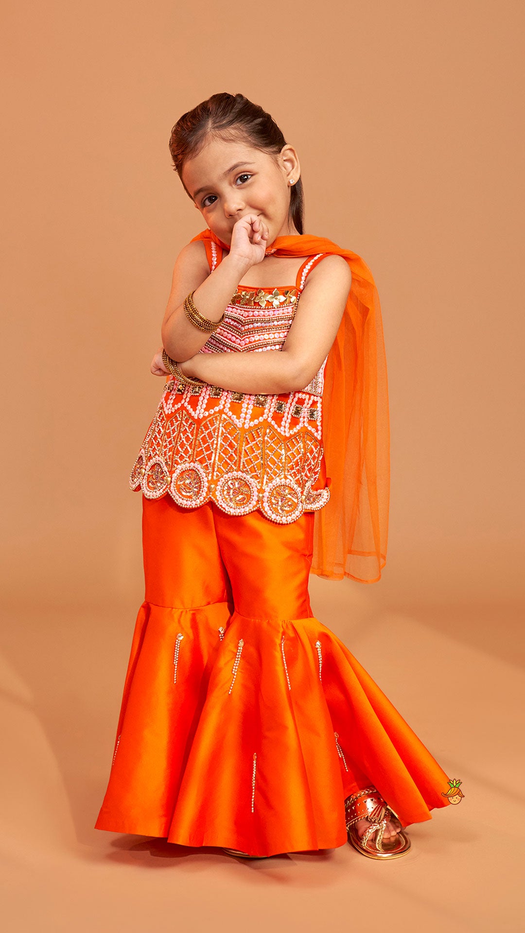 Pre Order: Exquisite Orange Kurti With Flared Sharara And Choker Dupatta