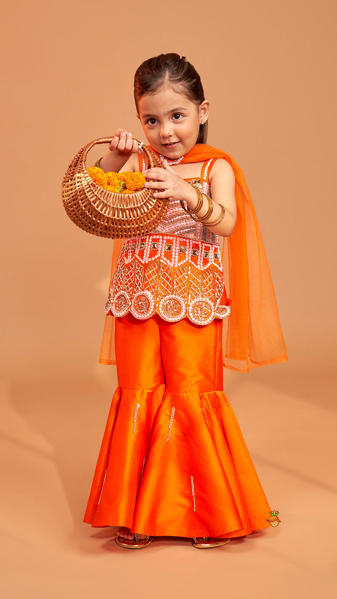 Pre Order: Exquisite Orange Kurti With Flared Sharara And Choker Dupatta