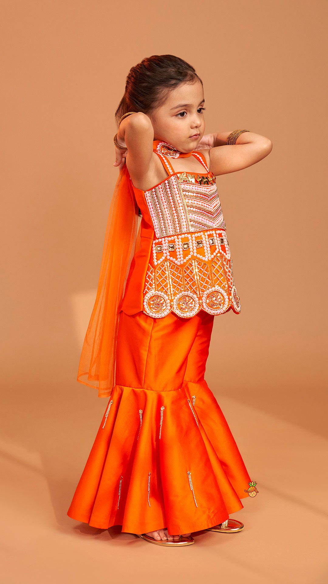 Pre Order: Exquisite Orange Kurti With Flared Sharara And Choker Dupatta