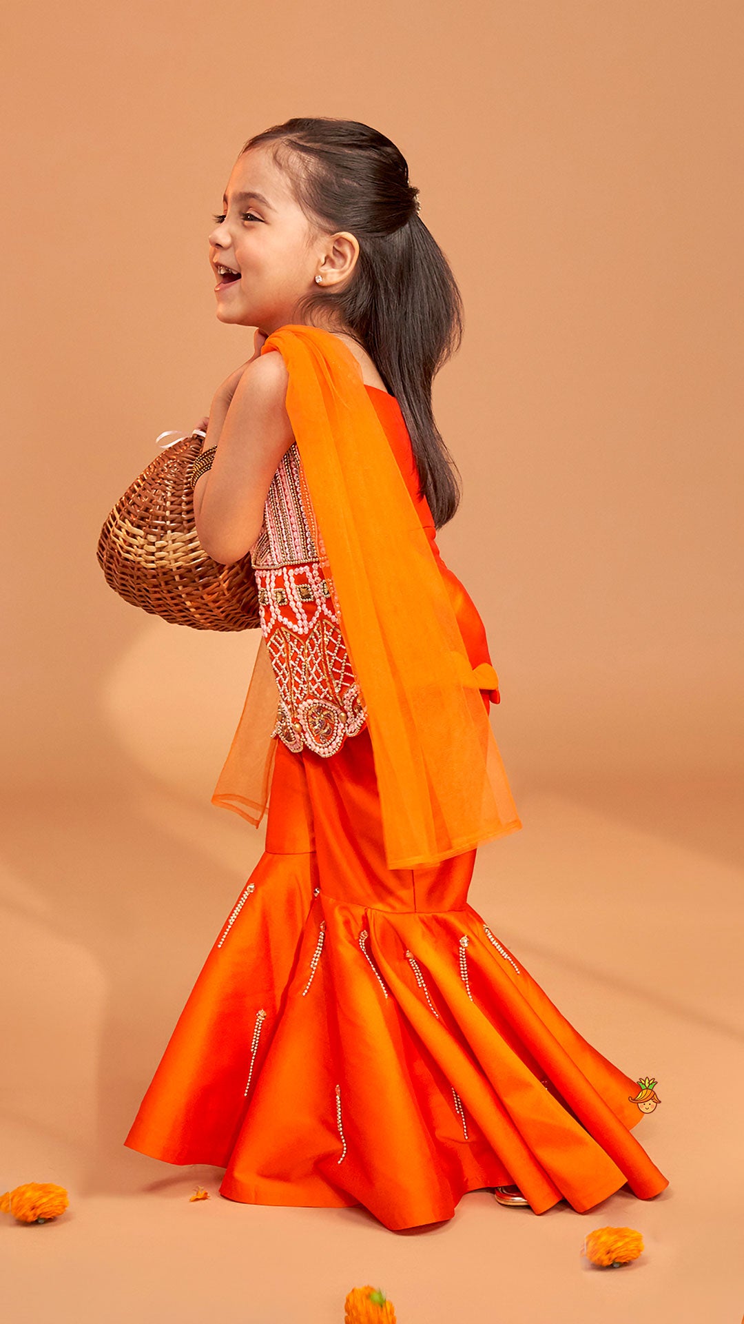 Pre Order: Exquisite Orange Kurti With Flared Sharara And Choker Dupatta