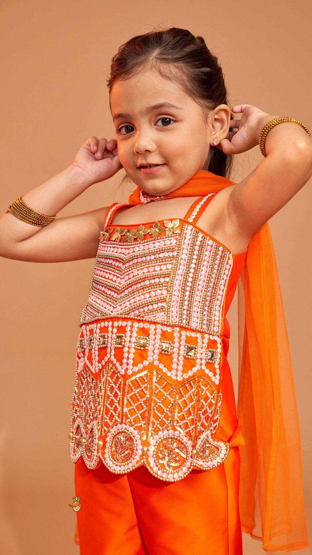 Pre Order: Exquisite Orange Kurti With Flared Sharara And Choker Dupatta