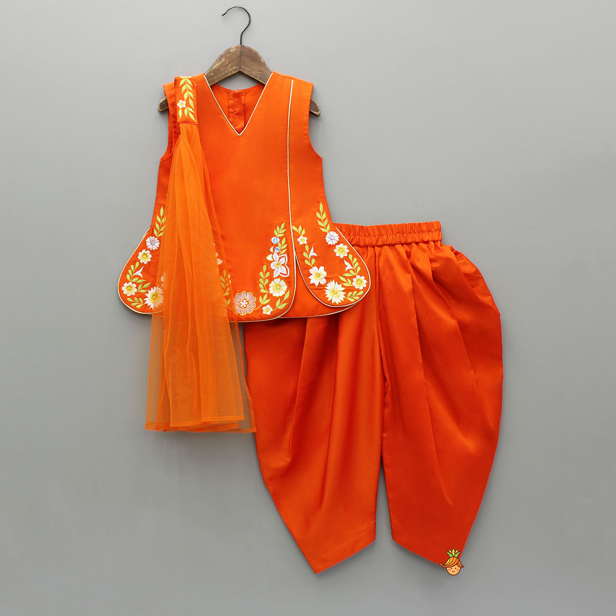 Pre Order: Orange Stylish Scalloped Kurti With Matching Dhoti And Choker Dupatta