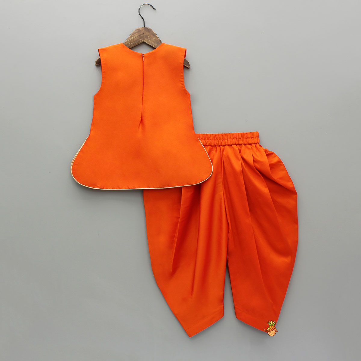 Pre Order: Orange Stylish Scalloped Kurti With Matching Dhoti And Choker Dupatta