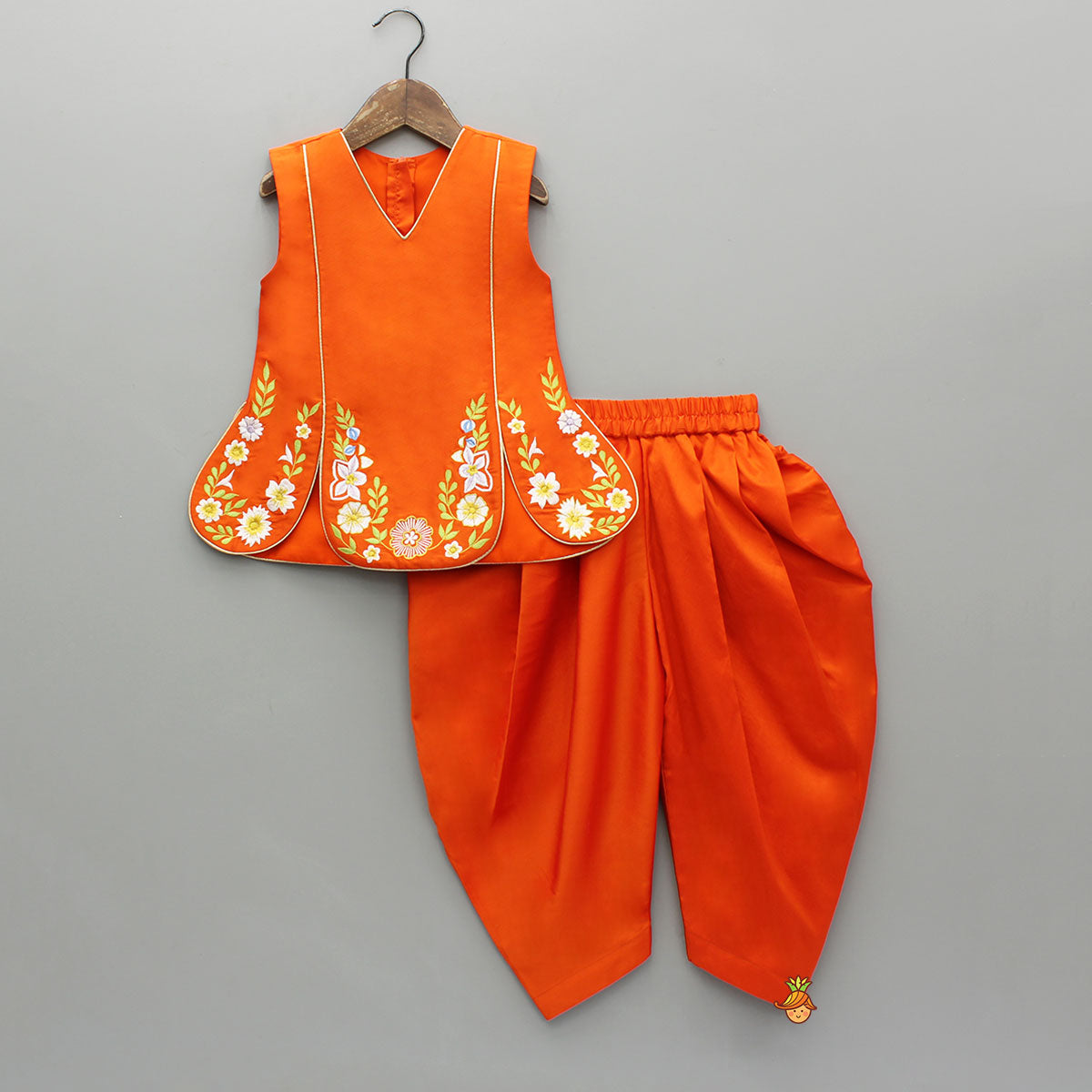 Pre Order: Orange Stylish Scalloped Kurti With Matching Dhoti And Choker Dupatta