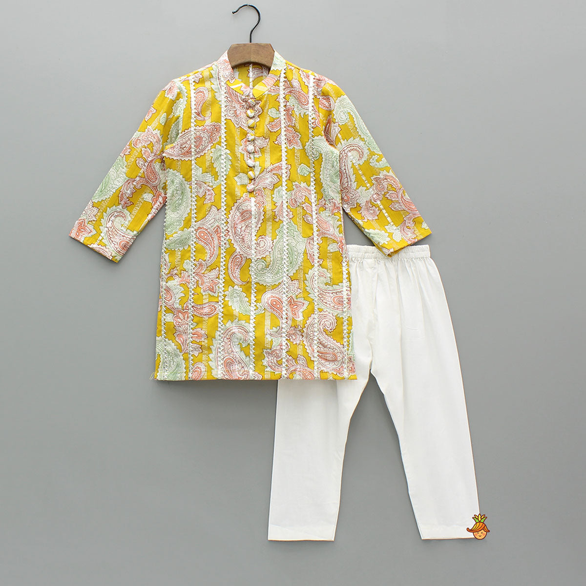 Pre Order: Floral Printed Cotton Lace Detailed Yellow Kurta With Pyjama