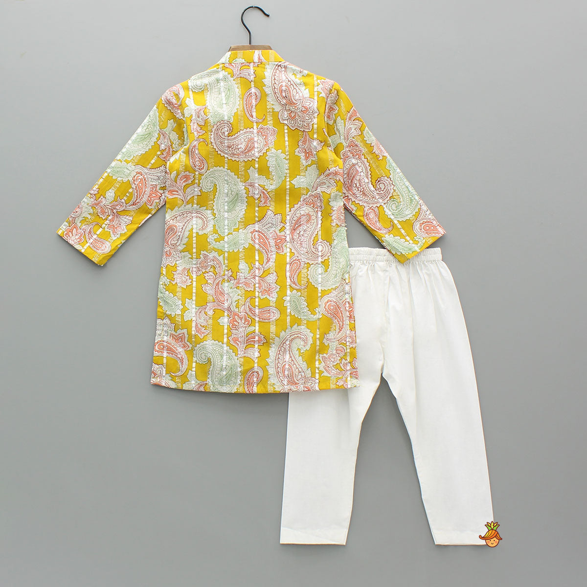Pre Order: Floral Printed Cotton Lace Detailed Yellow Kurta With Pyjama