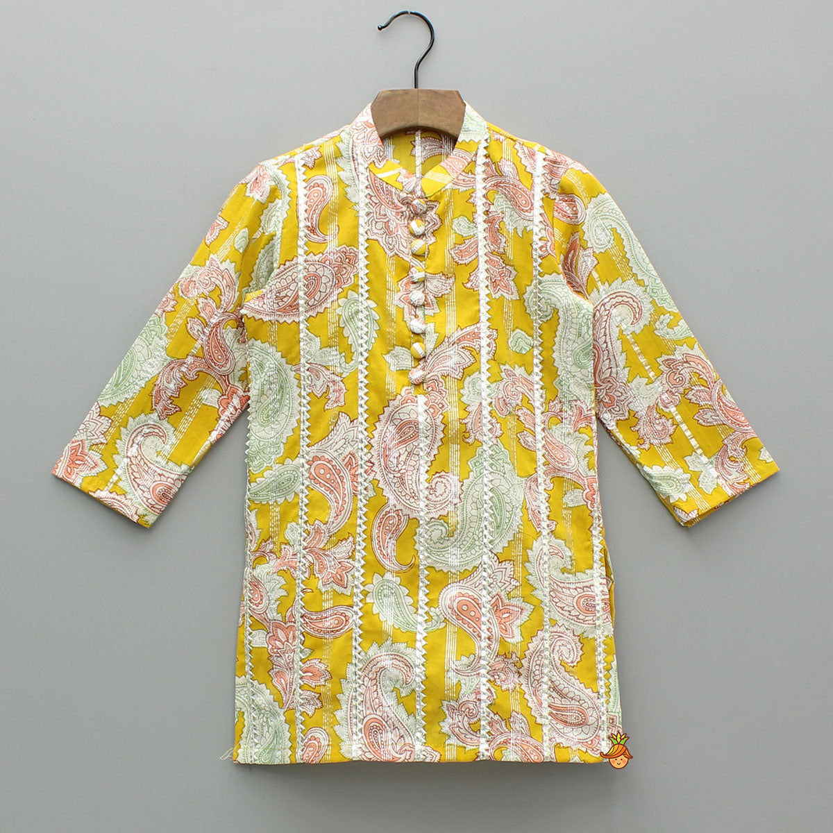 Pre Order: Floral Printed Cotton Lace Detailed Yellow Kurta With Pyjama