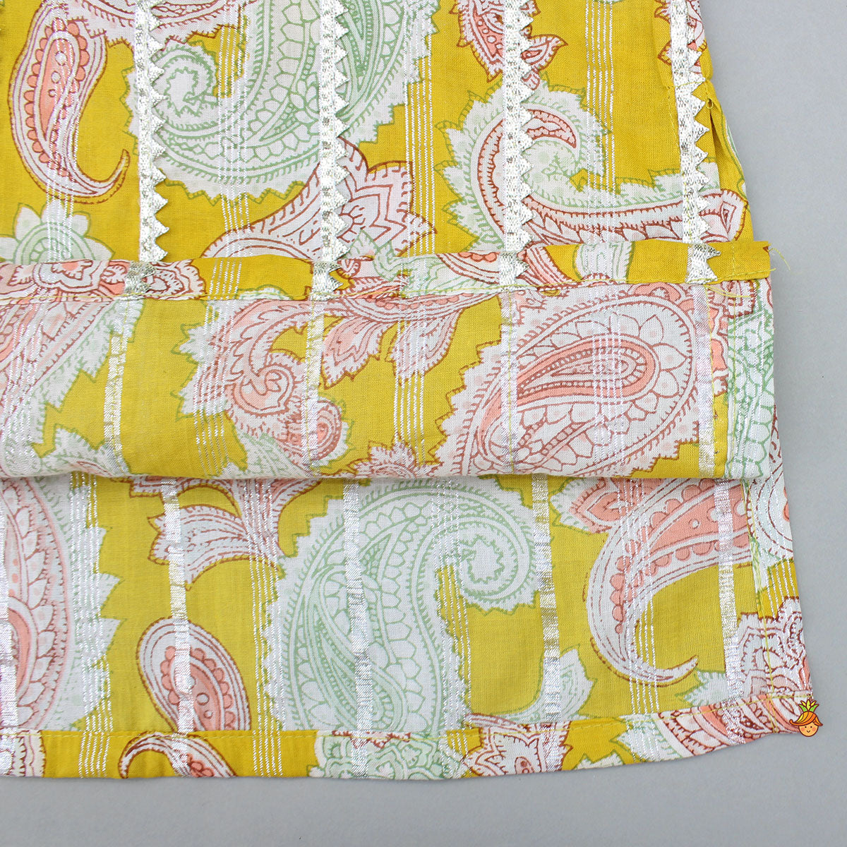 Pre Order: Floral Printed Cotton Lace Detailed Yellow Kurta With Pyjama