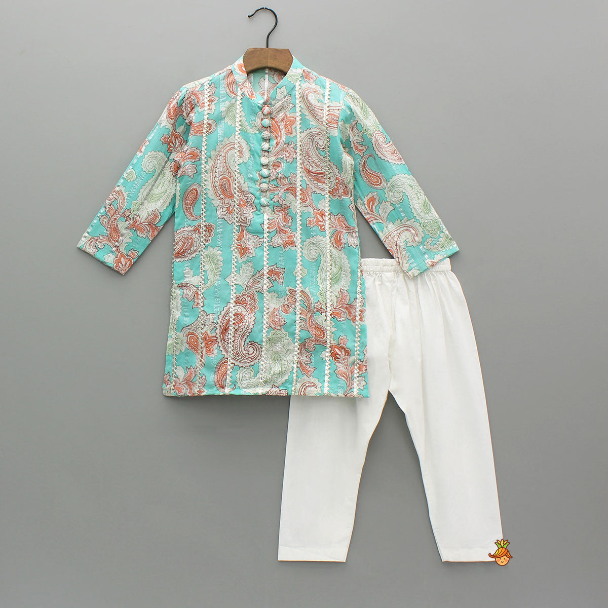 Pre Order: Floral Printed Cotton Lace Detailed Blue Kurta With Pyjama