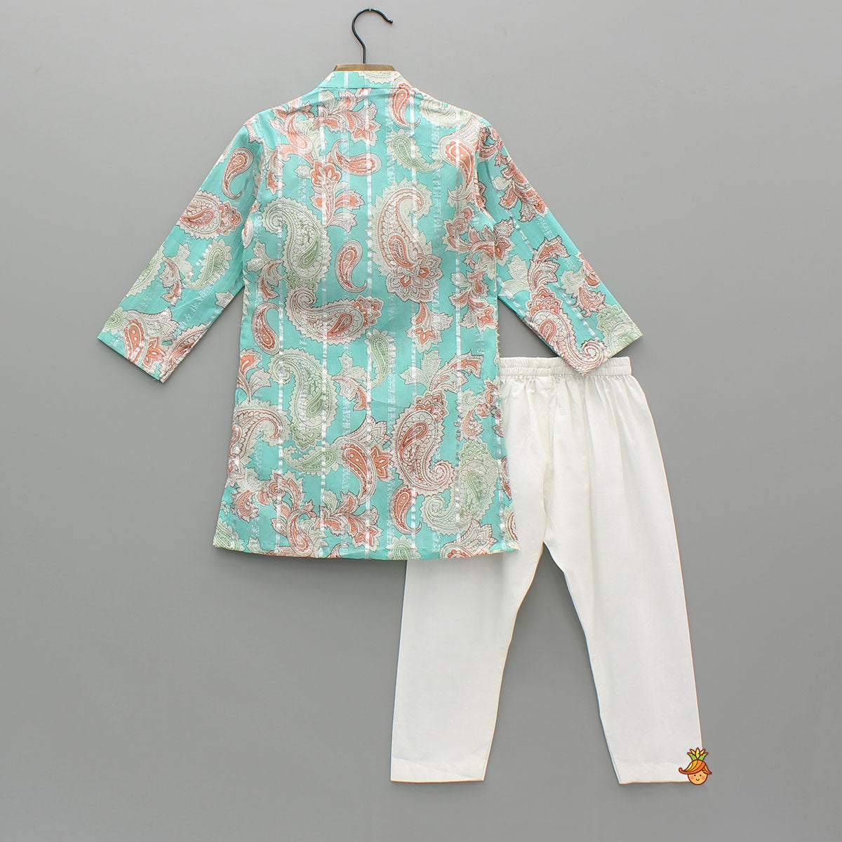 Pre Order: Floral Printed Cotton Lace Detailed Blue Kurta With Pyjama