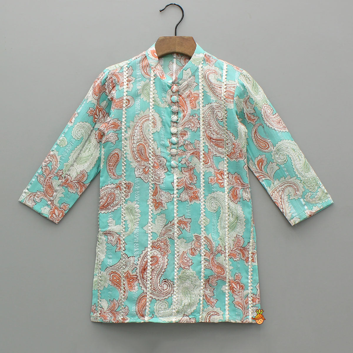 Pre Order: Floral Printed Cotton Lace Detailed Blue Kurta With Pyjama