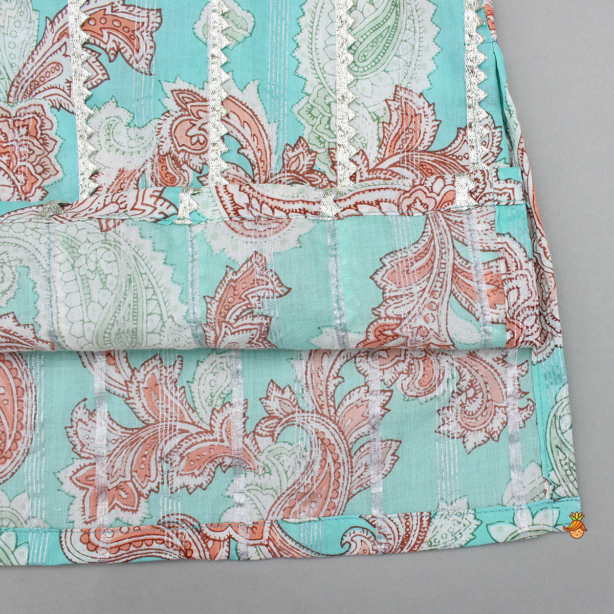 Pre Order: Floral Printed Cotton Lace Detailed Blue Kurta With Pyjama