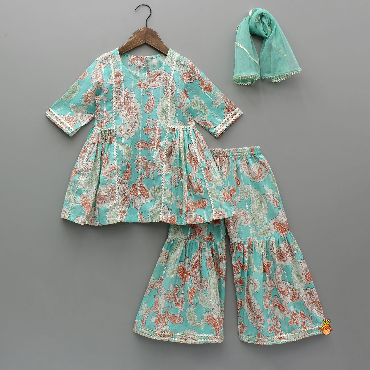 Pre Order: Floral Printed Cotton Lace Detailed Blue Kurti With Sharara And Dupatta