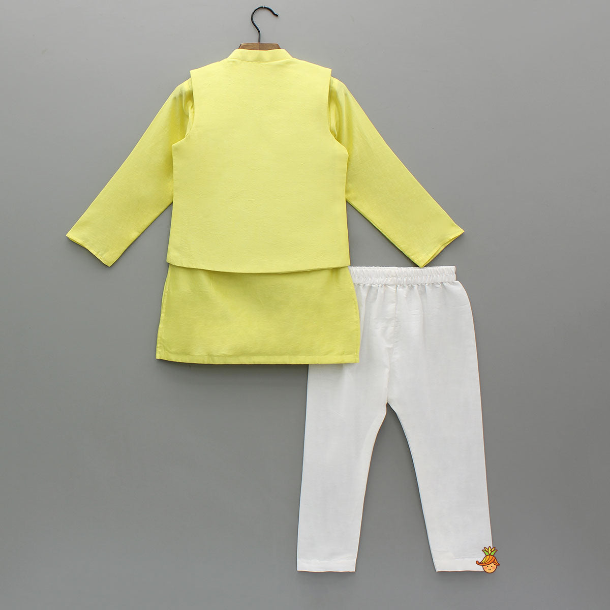 Pre Order: Yellow Kurta With Embroidered Jacket And White Pyjama